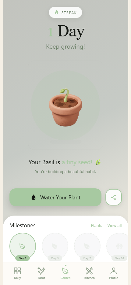 Streak garden with a seedling basil on day one