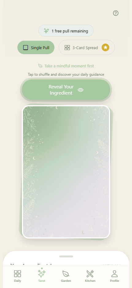 Ingredient tarot screen with a face-down botanical card