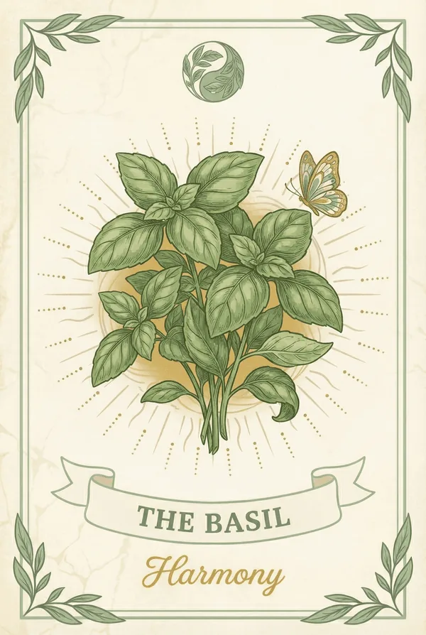 The Basil, Harmony — a card from the Soy & Stars ingredient tarot