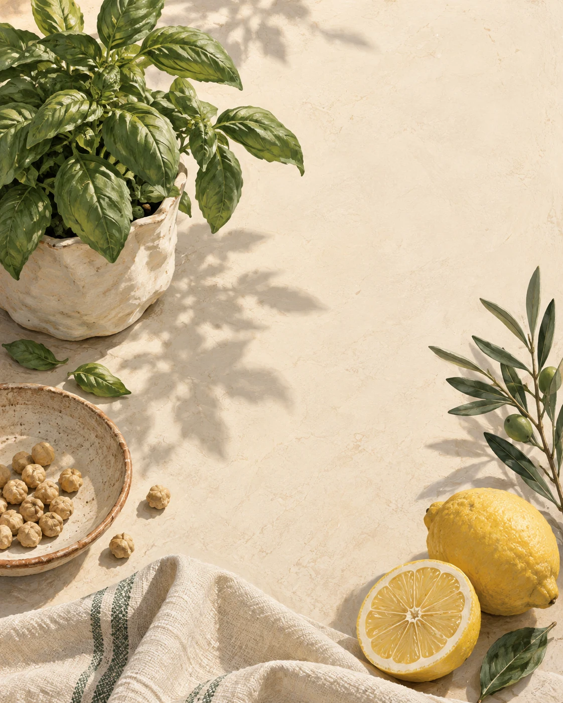 Sunlit basil, lemons and chickpeas on an ivory table, painted in a botanical still life